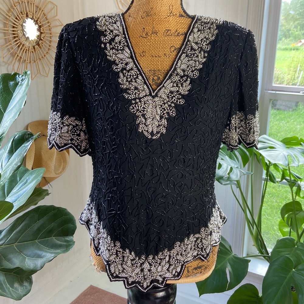 Vintage Laurence Kazar Beaded Black Silver Top Sz L
